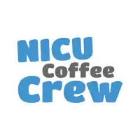 a logo for nicu coffee crew in blue letters on a white background