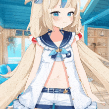 a girl with long blonde hair is wearing a sailor outfit and shorts