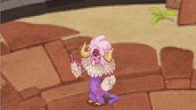 a pixel art of a purple monster with horns and feathers