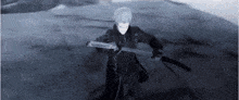 a man in a black coat is holding a sword in a video game .
