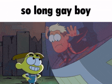 a cartoon of a boy with the words so long gay boy
