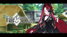 a poster for a game called fate grand order with a red haired girl in a black dress
