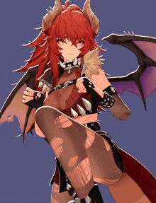 a woman with red hair and horns is wearing a choker