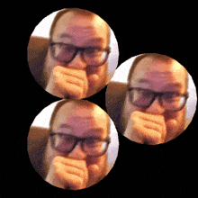 three pictures of a man with glasses covering his mouth with his hand
