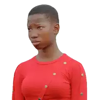 a young woman in a red shirt with buttons on the sleeves