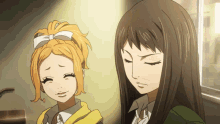 two anime girls are standing next to each other and one is smiling