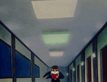 a cartoon character is running down a hallway with a light on the ceiling