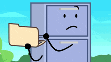 a cartoon character is holding a folder in front of a file cabinet