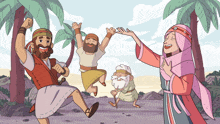 a cartoon drawing of a group of people with one wearing a pink veil