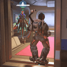 a person in a video game is standing in a room with a sign that says " j.r.p. "
