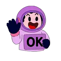 a cartoon character in a purple space suit holds an ok sign