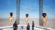 a group of people are standing in front of a tower with chinese writing on it