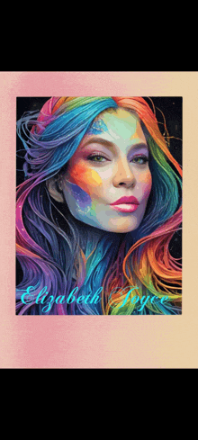 a painting of a woman with rainbow hair and the name elizabeth ayres on the bottom