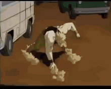 a cartoon of a man standing next to a truck .