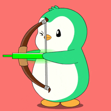 a penguin is holding a bow and arrow with a green light coming out of it