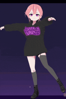 a girl with pink hair is wearing a black sweater that says wuhan