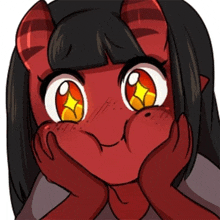 a cartoon drawing of a demon girl with big red eyes and black hair