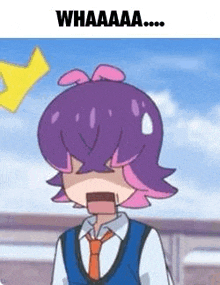 a cartoon girl with purple hair and pink ears is wearing a blue vest and tie and making a funny face .