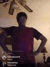 a man with his hands on his hips stands in front of a ceiling fan and a lamp with the name romeodunze15 on it