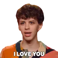a young man with curly hair says i love you in front of a white background