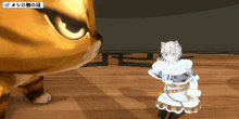a girl in a white dress is standing in front of a cat with chinese writing on the bottom right