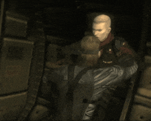 a man in a leather jacket is hugging another man in a scarf