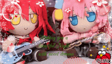 two stuffed dolls are sitting next to each other with the words wishing you a beautiful night with sweet dreams on the bottom