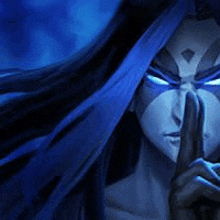 a woman with long blue hair and blue eyes is holding her finger to her lips .
