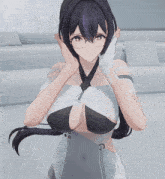 a girl with glasses and a black bra is covering her ears with her hands