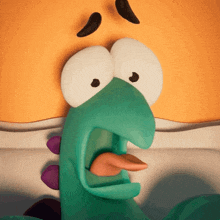 a close up of a cartoon character with a surprised look on its face