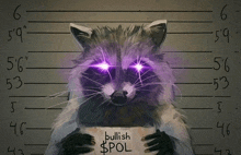 a raccoon with purple eyes holds a sign that says bullish $ pol