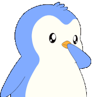 a blue and white penguin holding a red heart in its beak
