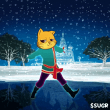 a cartoon drawing of a cat standing in the snow with a sign that says $ sugr