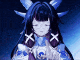a girl with purple hair and white wings has a cross on her face