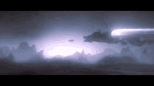 a space ship is flying through a foggy landscape