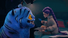 a girl with purple hair is petting a blue stuffed animal
