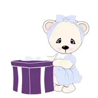 a teddy bear holding a purple gift box with balloons that say happy b'day