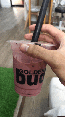 a person is holding a cup that says golden bud