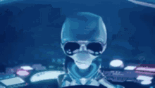 a cartoon character wearing sunglasses and a hat is standing in a dark room .