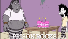 two cartoon characters standing next to a table with a cake on it and the words prison rocks written on the bottom
