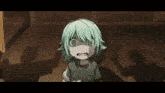 a little girl with green hair is standing in a dark room with a surprised look on her face .