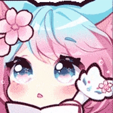 a cartoon girl with pink hair and a flower in her hair is holding a book .