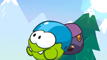 a green cartoon character with a blue helmet and a purple backpack