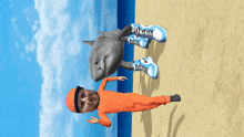 a cartoon of a man and a shark on the beach
