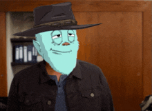 a man with a blue beard wearing a hat