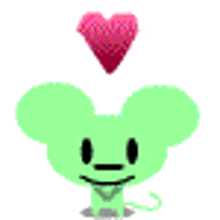 a green mouse with a pink heart on top of its head .