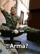 a man in a military uniform is sitting in an office chair with the word arma written on the bottom
