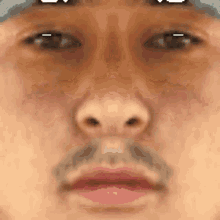 a close up of a man 's face with a mustache and a hat .