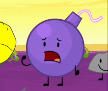 a purple bomb with a surprised look on his face is standing next to a yellow object
