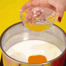 a person pouring a bowl of liquid into a pot of milk